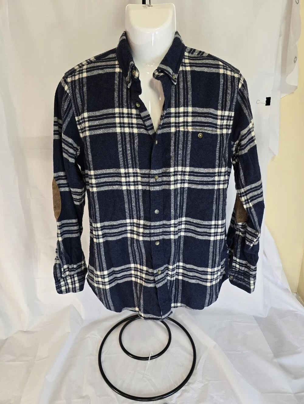 J Crew - Suede Elbow Patch Flannel Shirt - Medium - Navy / White Button Up